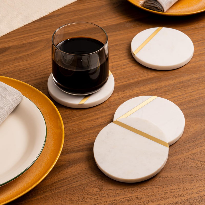 Cork & Mill Marble Coasters Set of 6 - Luxury Aesthetic Modern Decor for Coffee Table- White Marble with Gold Brass Inlay - Real Natural Semi Absorbent Stone Coasters - Image 2
